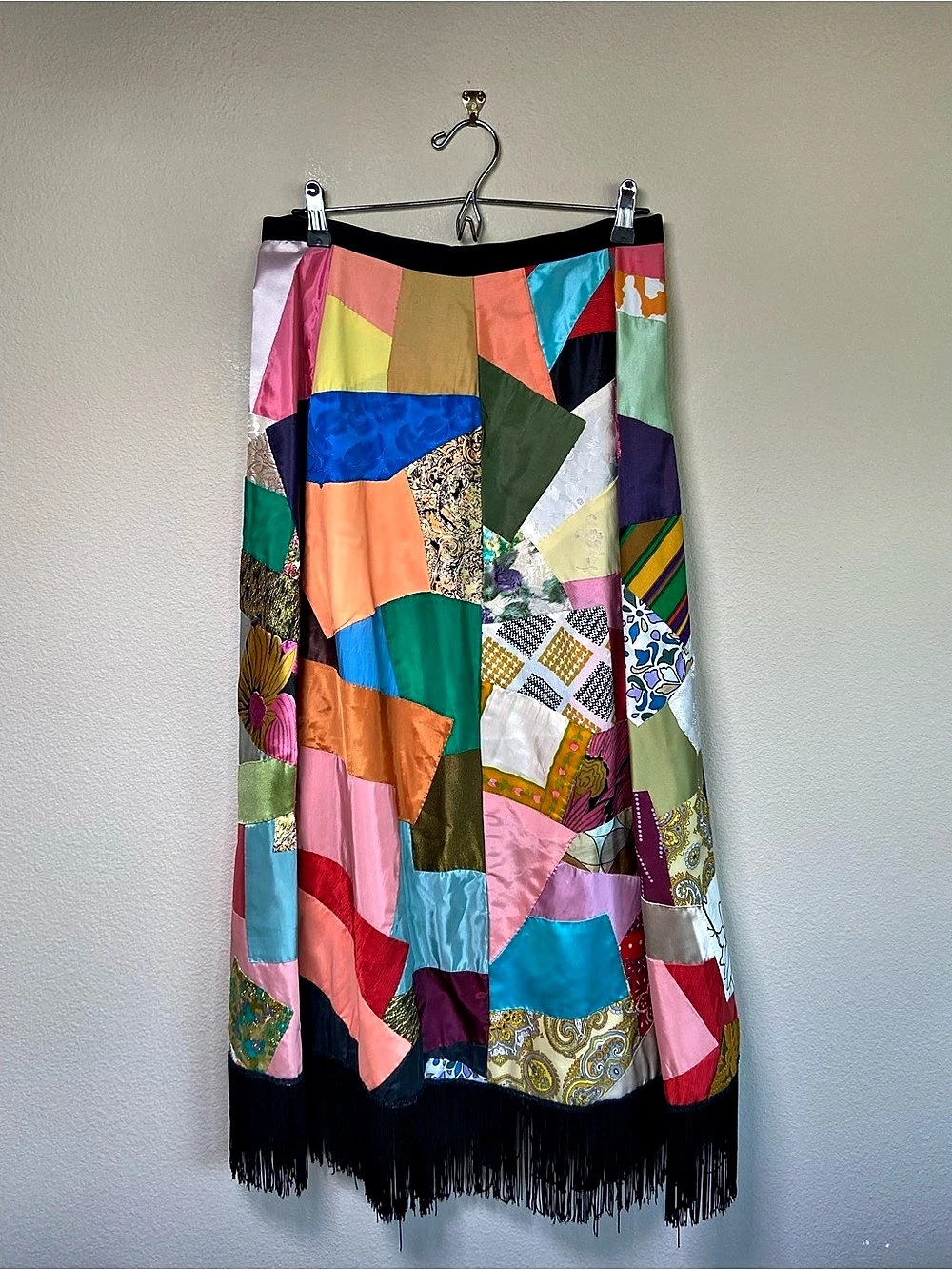 Vintage Satin Crazy Quilt Patchwork Maxi Skirt with a Black Fringed Hem MCM 60s